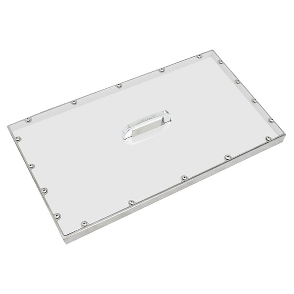 A clear plastic rectangular pan cover with a white handle.