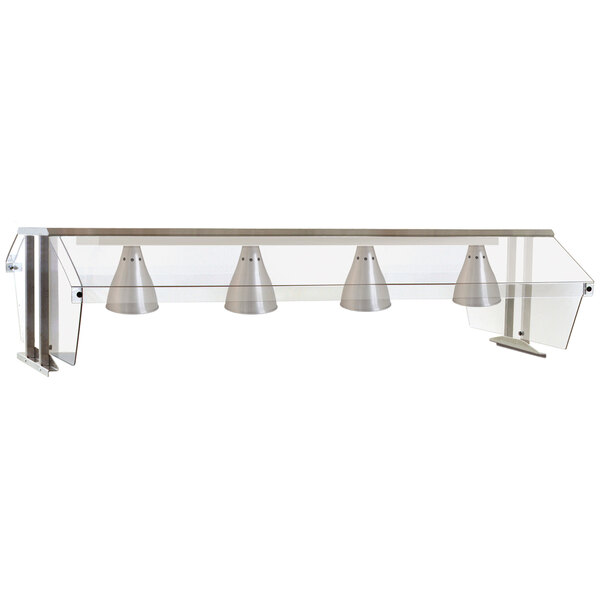 A stainless steel buffet shelf with two clear sneeze guards.