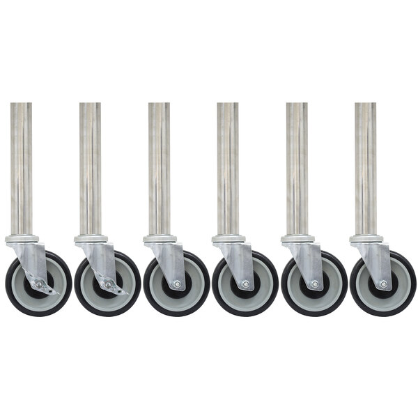 A row of Advance Tabco stainless steel casters with swivel stems.