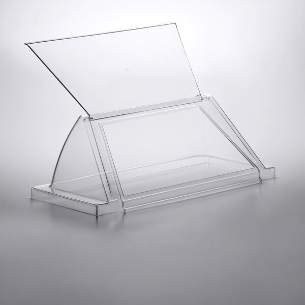 A clear plastic tray with a clear plastic lid for an Avantco hot dog roller grill.