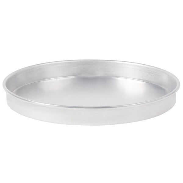 An American Metalcraft aluminum pizza pan with straight sides and a white background.
