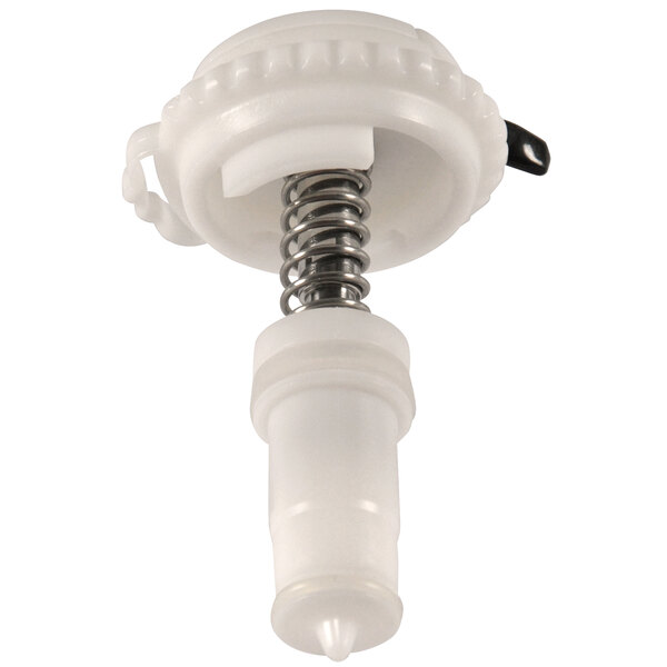 A close-up of a white plastic Stoelting spigot assembly with a spring.