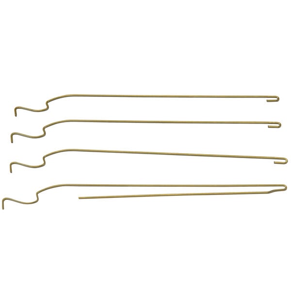 A group of metal hooks with gold ends on a white background.