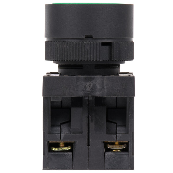 A close-up of an Avantco Fluctuate Safety Switch, a black electrical device with a green top.