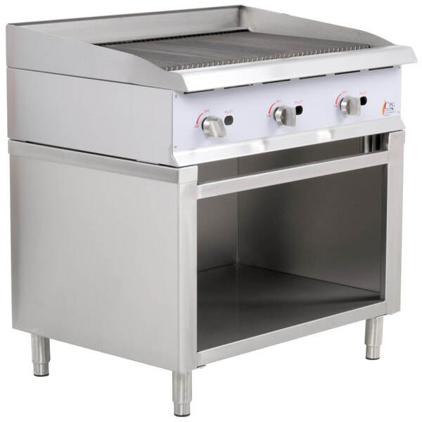 A stainless steel Cooking Performance Group gas charbroiler on a cabinet base with knobs.