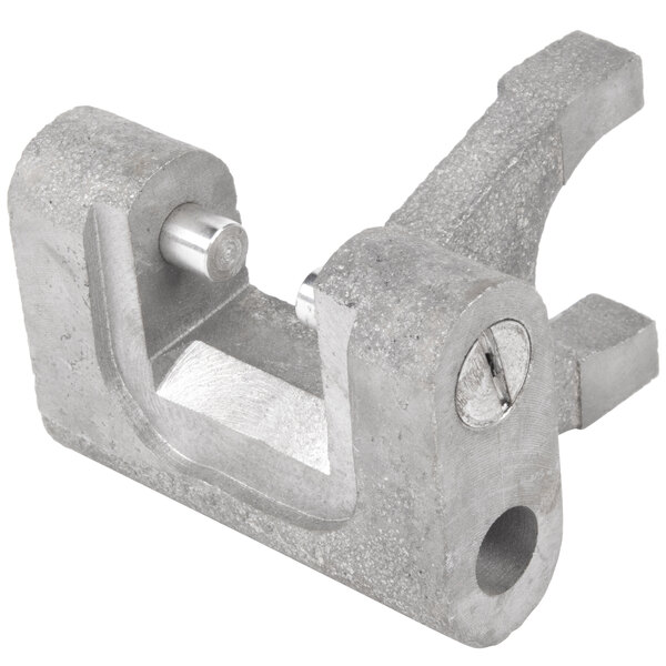 A metal fork clamp with a screw on it.