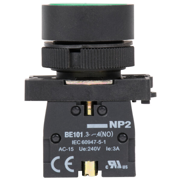 A black round push button with a green border and green light.