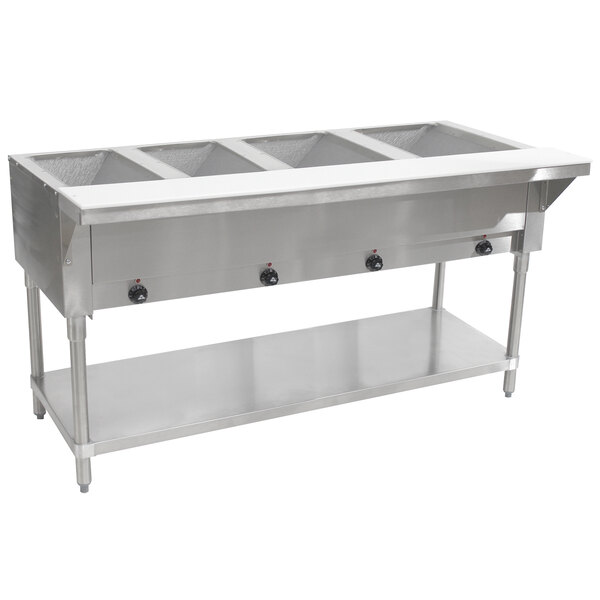 Advance Tabco SW-4E-120-T Four Pan Electric Hot Food Table with Thermostatic Control and Undershelf - Sealed Well, 120V