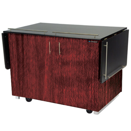 A black and red Lakeside dining station with a black door and red maple counter.