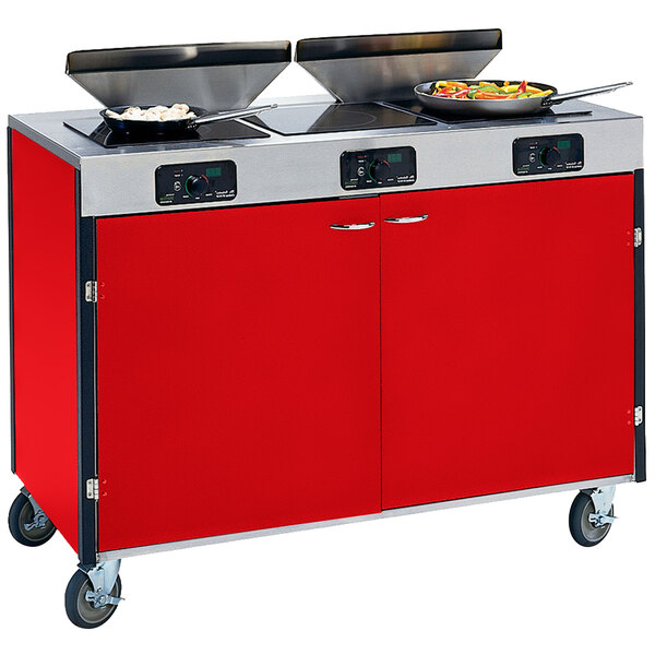 A red and silver Lakeside mobile cooking cart with 3 induction burners and 2 filtration units.