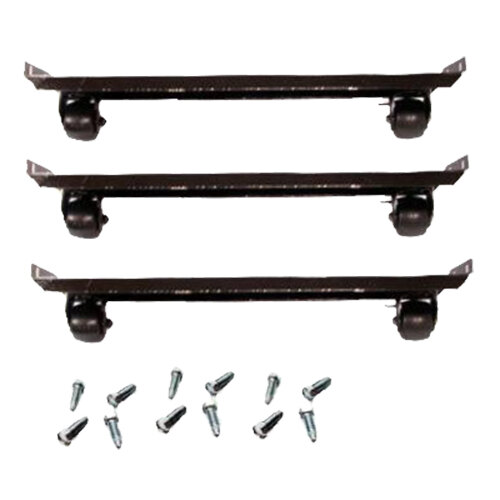 A set of 6 black metal casters with screws and nuts.
