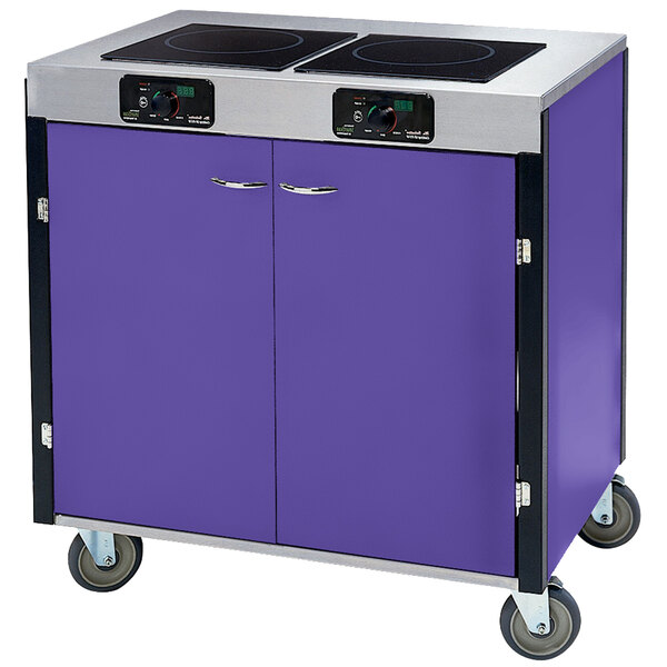 A purple and silver Lakeside mobile cooking cart with two induction burners.