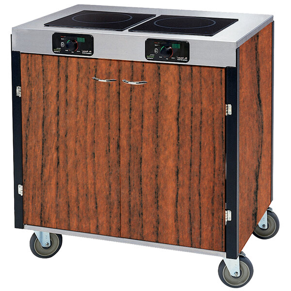 A wood and laminate Lakeside mobile cooking cart with two induction burners.