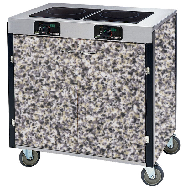 A Lakeside mobile cooking cart with two induction burners on a gray sand laminate countertop.