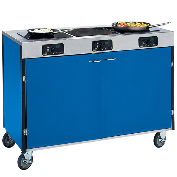 A blue Lakeside mobile cooking cart with induction burners on top.