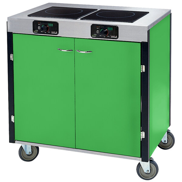 A green and black Lakeside mobile cooking cart with two induction burners.