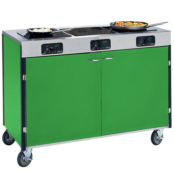 A green Lakeside mobile cooking cart with 3 induction burners.