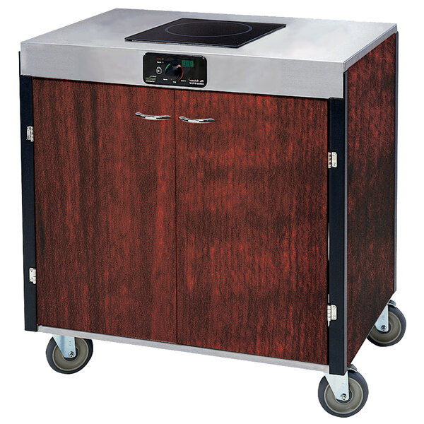 A red maple Lakeside cooking cart with an induction burner on top.