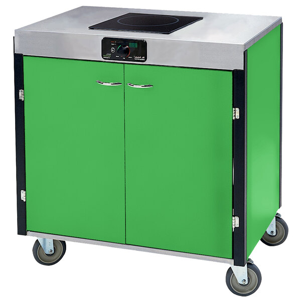 A green and black Lakeside mobile cooking cart with wheels.