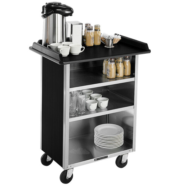 A Lakeside stainless steel beverage service cart with black laminate finish and cups and plates on it.