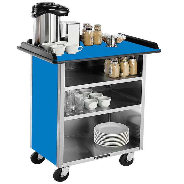 A Lakeside stainless steel beverage service cart with a royal blue laminate top and white plates and cups on it.