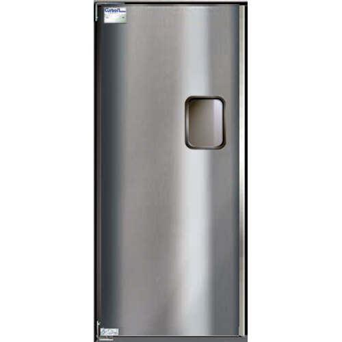 A close-up of a silver stainless steel swinging door.