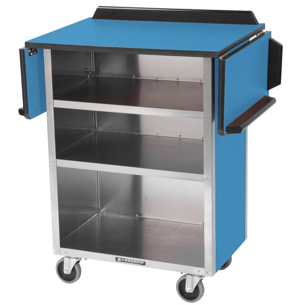 A stainless steel Lakeside beverage service cart with blue laminate shelves and drop-leaf.