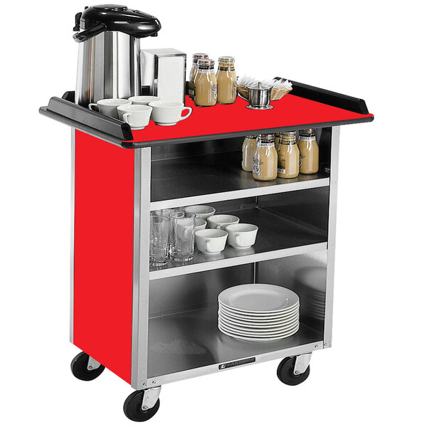 A Lakeside stainless steel beverage service cart with a red top holding white dishes.