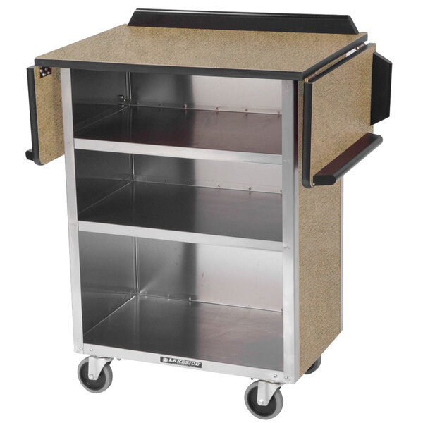 A Lakeside stainless steel beverage service cart with shelves on wheels.