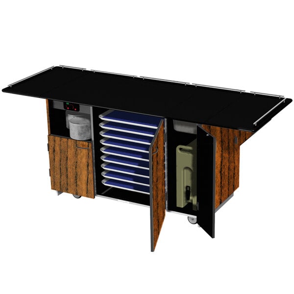 A black and wood kitchen cart with open doors.