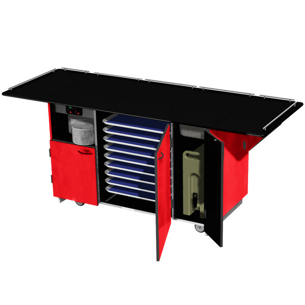 A red and black Lakeside dining cart with shelves and a black top.
