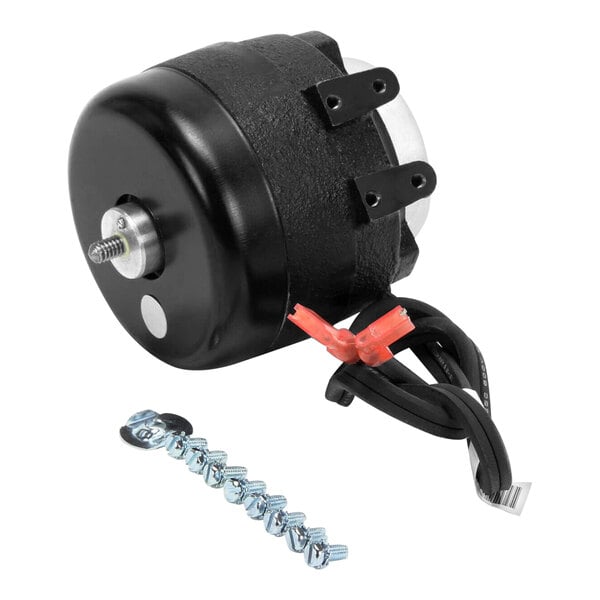 A black round Beverage-Air condenser fan motor with a wire and screws.