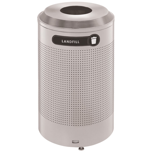 A close-up of a Rubbermaid stainless steel round designer recycling receptacle with a round lid.