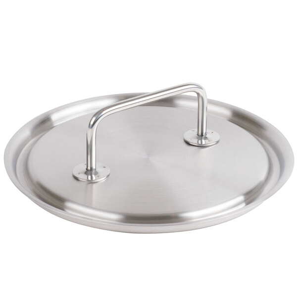 A silver stainless steel lid with a loop handle.
