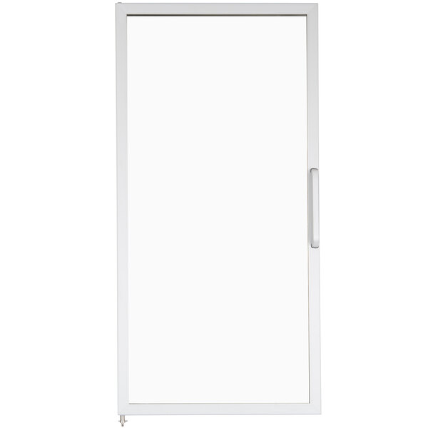 A white rectangular door with a glass panel.