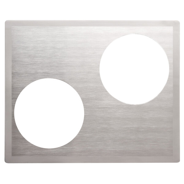 A metal plate with two circular metal frames.