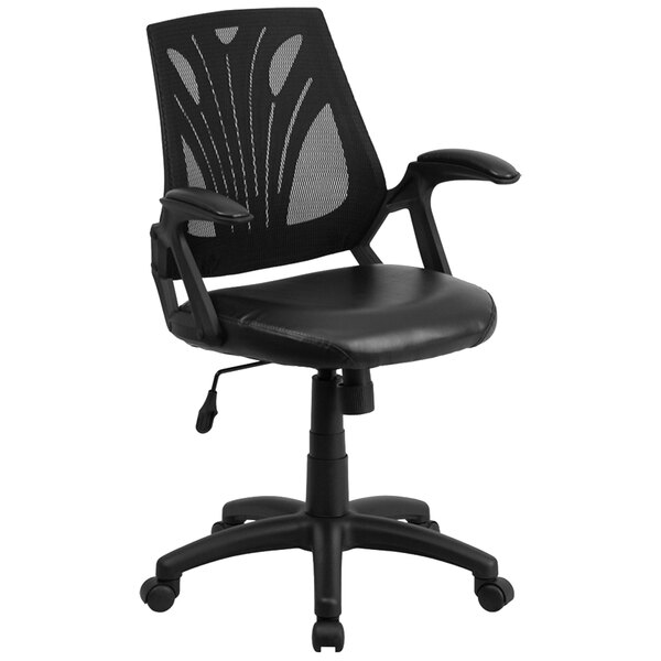 Flash Furniture GO-WY-82-LEA-GG Mid-Back Black Mesh and Leather Ergonomic Office Chair with Padded Arms