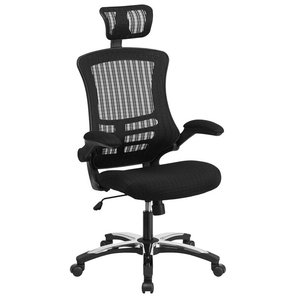 Flash Furniture BL-X-5H-GG High-Back Black Mesh Executive Office Chair with Flip-Up Arms and Chrome / Nylon Base