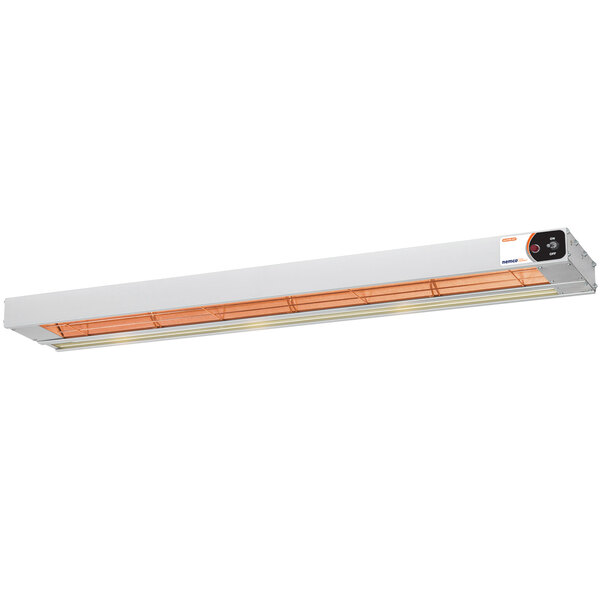 A white rectangular Nemco infrared strip warmer with brown stripes and lights.
