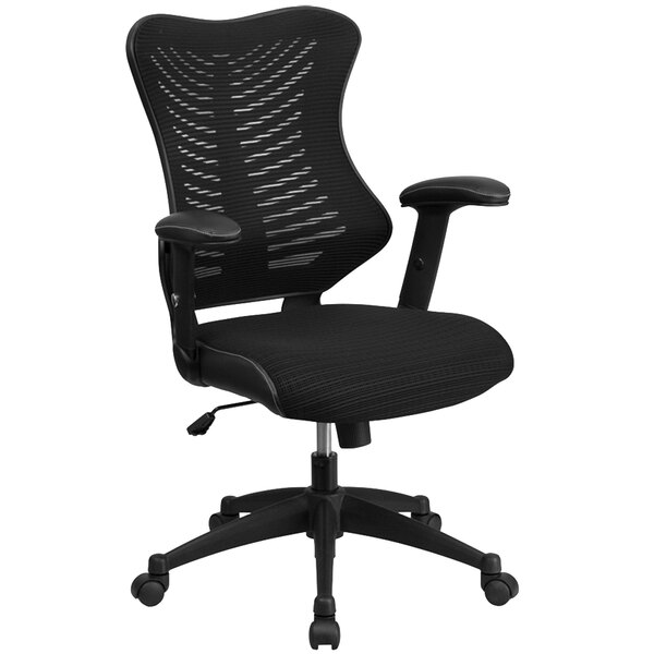 A Flash Furniture black mesh high-back office chair with padded seat and arms.