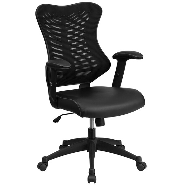 A Flash Furniture black office chair with leather seat and backrest, and wheels.