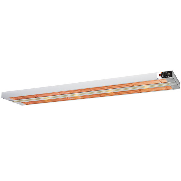 A long rectangular light fixture with two orange and white light bulbs.