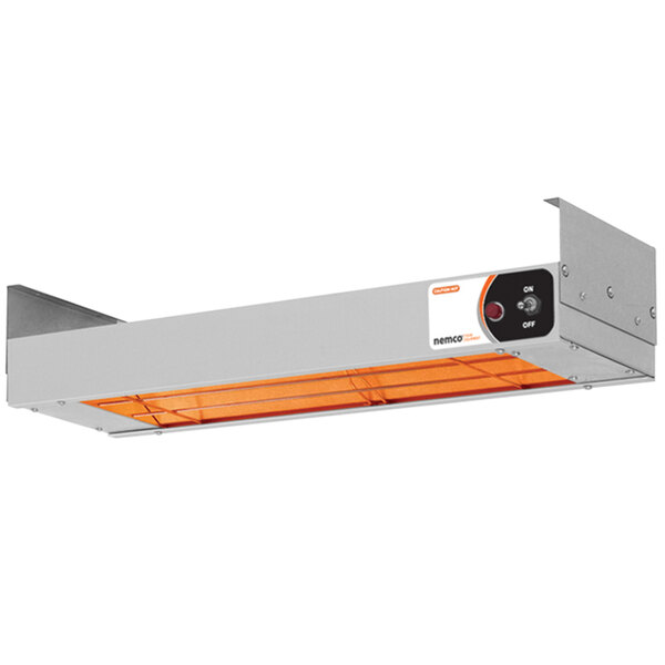 A Nemco infrared strip warmer with orange and metal parts and a red light.