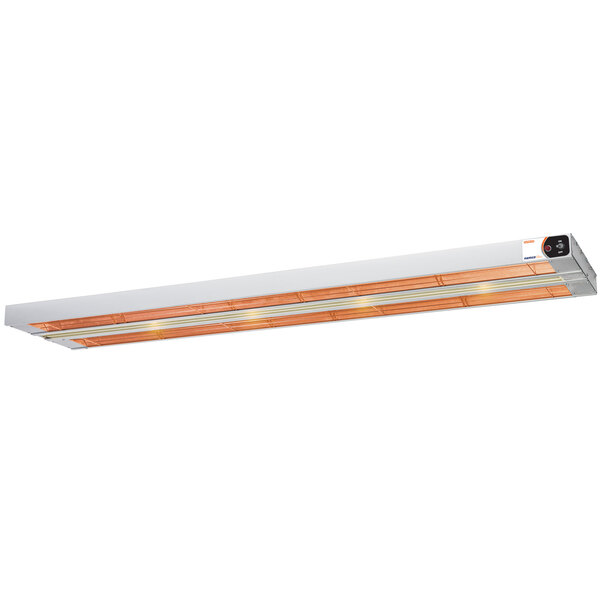 A long rectangular light fixture with two orange light bulbs and wood accents.