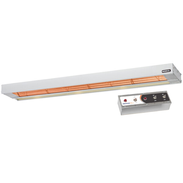 A white rectangular Nemco infrared strip warmer with a long white rectangular light and orange stripe with a silver remote control box.