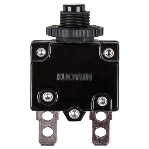 An Avantco replacement overload switch with a black knob on a black square object.