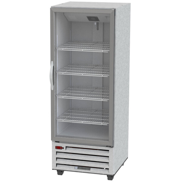 A white Beverage-Air reach-in refrigerator with glass doors and shelves.