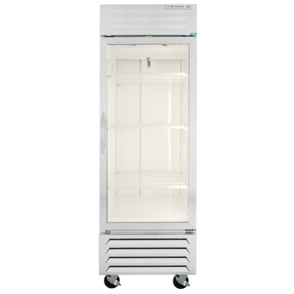 A white Beverage-Air reach-in freezer with a glass door.