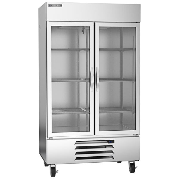 A Beverage-Air Horizon Series glass door reach-in refrigerator with LED lighting.