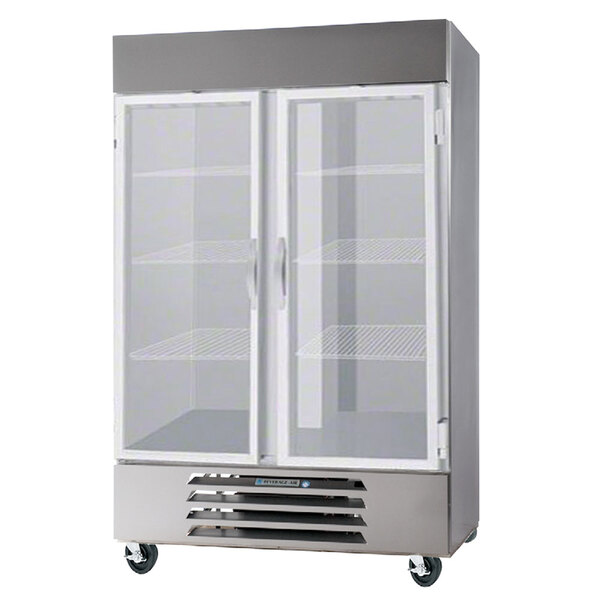A Beverage-Air white reach-in freezer with glass doors.